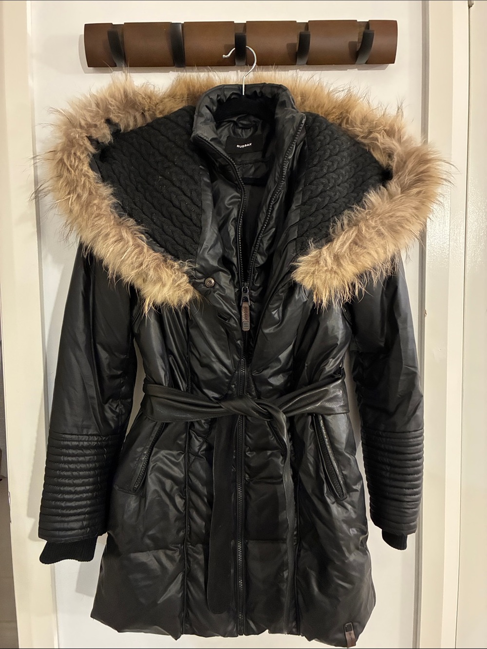 Rudsak Black Faux-Fur Trim Quilted Puffer Coat with Belt